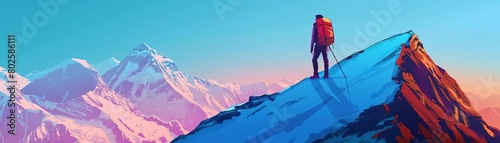 Backpacker updating blog, Himalayan backdrop, crisp morning air, vibrant colors, wide shot, clear sky