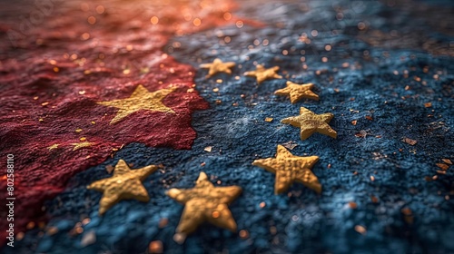 Chinese and European Union Flags Interlaced on Textured Surface Under Golden Light