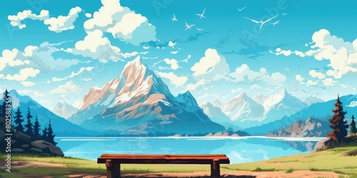 Scenic mountain landscape with lake and bench
