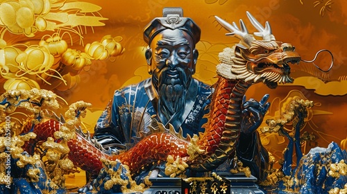 A depiction of the Chinese god of wealth, portrayed as an elderly man, with a cute red Chinese dragon by his side