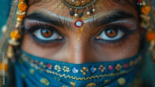A photograph of an Indian young woman behind a traditional mask, capturing the essence of her culture 8K , high-resolution, ultra HD,up32K HD