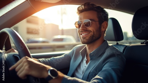 Driving charm charisma: a handsome man behind the wheel of his car - showcasing the sophistication and allure of a man at the helm of his vehicle, exuding poise and power on the open road.