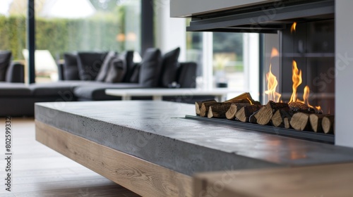 The floating hearth of the modern fireplace is crafted from a combination of wood and concrete creating a unique and eyecatching feature in the room. 2d flat cartoon.