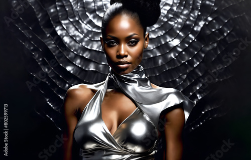 Beautiful black woman with a large afro and bold makeup poses in a metallic silver dress with metalic background