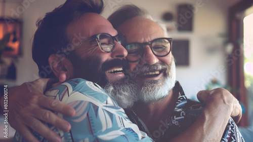 Adult hipster son hugging old senior father at home in Father's Day, sharing love and bond of family.