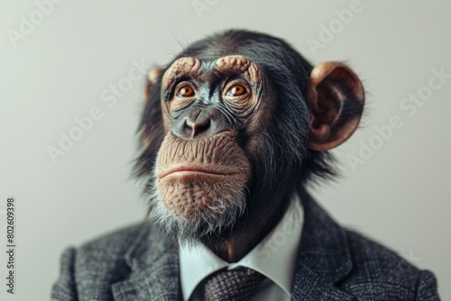 A Chimpanzeein a sharp business suit, poised and dignified, isolated against a stark white background, AI Generative