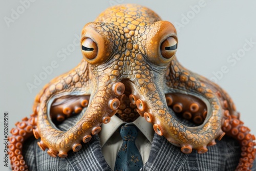 A Octopusin a sharp business suit, poised and dignified, isolated against a stark white background, AI Generative