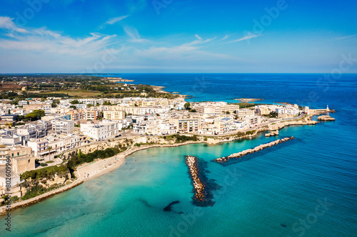 Aerial view of Otranto town on the Salento Peninsula in the south of Italy, Easternmost city in Italy (Apulia) on the coast of the Adriatic Sea. View of Otranto town, Puglia region, Italy.