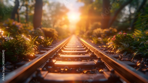 Train tracks bathed in golden sunlight, tranquil rural ambiance, AI Generative