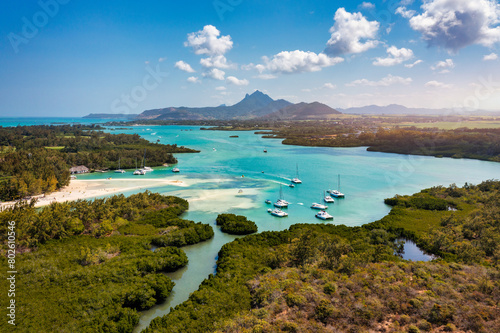 Ile aux Cerfs island with idyllic beach scene, aquamarine sea and soft sand, Ile aux Cerfs, Mauritius, Indian Ocean, Africa. Ile aux Cerf in Mauritius, beautiful water and breathtaking landscape.