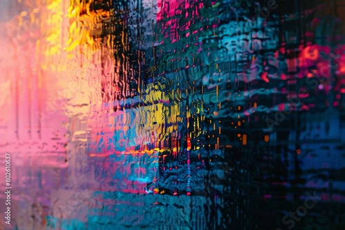 The image shows a colorful abstract painting with a blue background