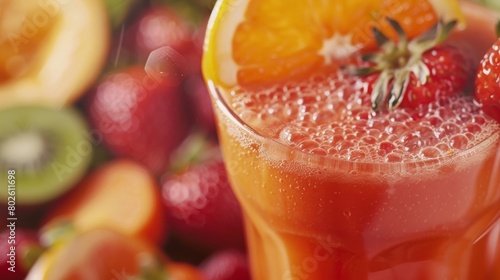 A closeup of a healthy and colorful fruit and vegetable juice made from fresh ingredients.