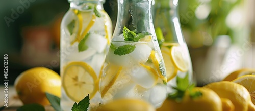 Close-up of homemade lemonade in a decanter with space for text. The lemonade is made from lemons, mint, and ice.