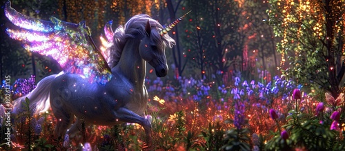 Fantasy unicorn, pegasus with flowers in a magical setting, vibrant colors with mythical creatures and lush nature, perfect for children's rooms and imaginative spaces.