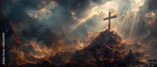 Cross on Golgotha, heavenly light in mystical art