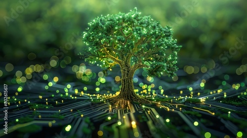 Eco-friendly corporate report, tree made of light circuits