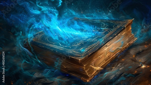 An ancient book bound in dragon scales its pages filled with ancient spells and incantations surrounded by a swirling aura of blue . .