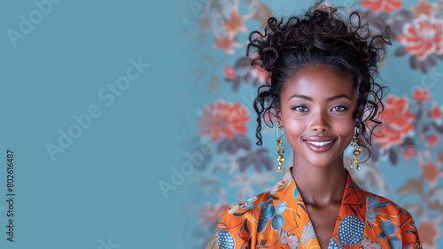 African woman in japanese kimono traditional suit isolated on pastel