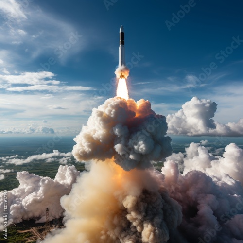 The Falcon 9 rocket by SpaceX launches from Cape Canaveral, Florida, carrying satellites into orbit. The engines create a striking display as it ascends, inspiring awe