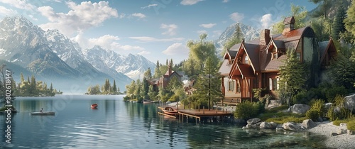 Tranquil lake house and charming lakeside village blend serenity and warmth, captured in art's balanced palette, embodying idyllic water-nature charm.