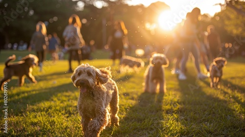 Sunset Celebration: International Doodle Dog Day, Owners and Pets Enjoying Golden Hour at Park