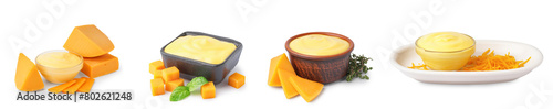 Set of bowls with tasty cheddar cheese sauce on white background