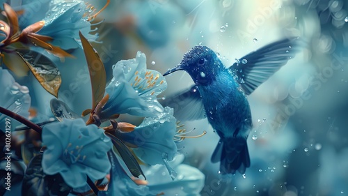 Hummingbird hovering near wet flowers - An intricate capture of a tiny hummingbird hovering by wet blue flowers, showcasing nature's splendid detail