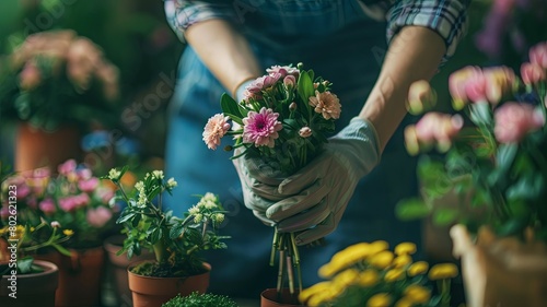 A gardener is carefully holding a handful of beautiful flowers.