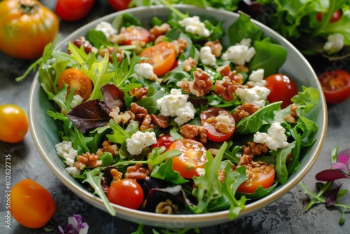 A vibrant salad bowl filled with mixed greens, cherry tomatoes, candied walnuts, and crumbled goat cheese