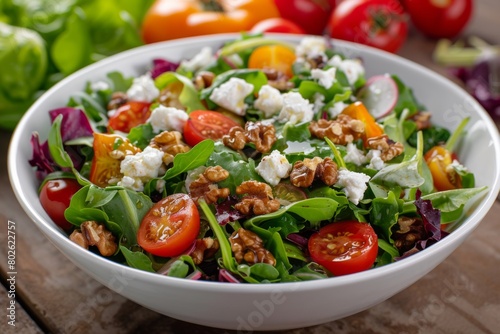 A vibrant salad bowl filled with mixed greens, cherry tomatoes, candied walnuts, and crumbled goat cheese
