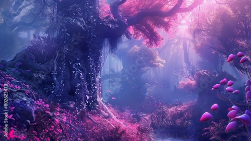 The AI-generated photo looks like a beautiful forest with pink trees and purple flowers. The light in the photo is pink and purple. The photo is very dreamy and magical.