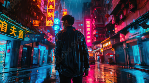 back view of man wearing a jacket while walking in the city at night