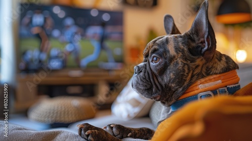 A French Bulldog sits on a couch and stares longingly at the football game on TV.