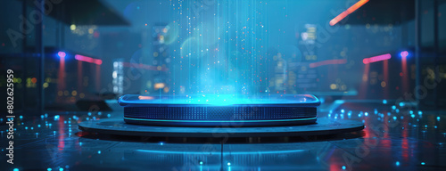 A glowing blue podium with a blue particle fountain in the center.