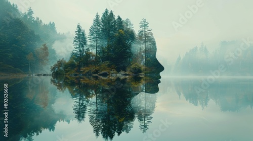 A photo of a lake with a small island in the middle. The island is shaped like a woman's head in profile.