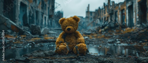 teddy bear sits in the middle of a destroyed city