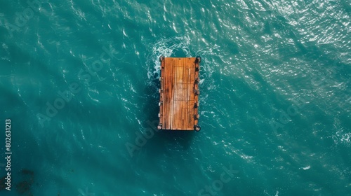 Aerial View of a Tranquil Pontoon Floating in the Turquoise Sea at Sunset