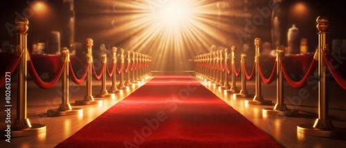 A luxurious red carpet leading to a ceremonial award stand, emphasizing high-profile accolades,