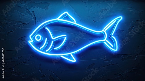 Blue neon sign of fish on black background.