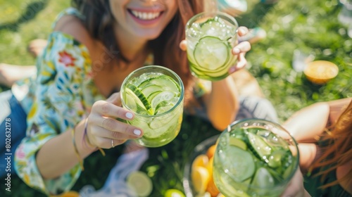 A picnic in the park celebration for the first day of spring with refreshing cucumber lemonade mocktails and a game of frisbee.