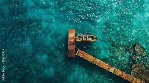 Aerial View of a Tranquil Pontoon Floating in the Turquoise Sea at Sunset