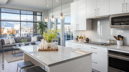 Sparkling clean kitchen with stainless steel appliances gleaming, minimalistic design, morning light
