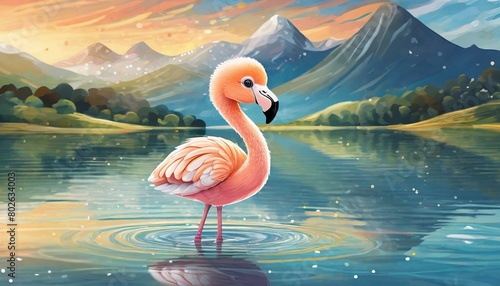 Tierno flamingo bebé posando en un lago
