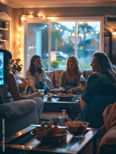 A group of friends sits together at home, enjoying food and drinks, spending quality time chatting and laughing, creating warm memories and strengthening their bonds of friendship.