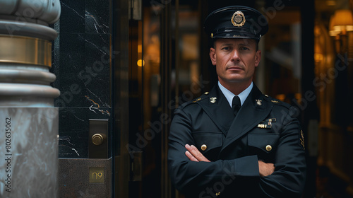 portrait of security guard at luxury hotel entrance, VIP, 5 stars service, officer