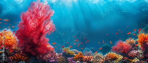 A portrait of red fan coral a colorful coral ref with blue water backdrop and big space for text or product advertisement background, Generative AI.
