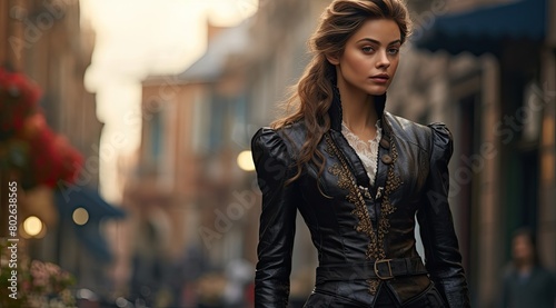 Elegant woman in black leather jacket and dress