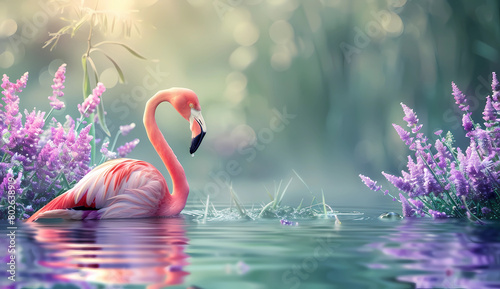 A pink flamingo wades in the water