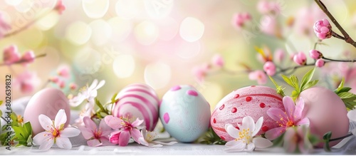 Easter greetings; Floral spring background with blooming spring flowers.