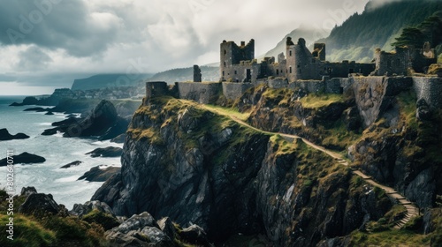 Dramatic coastal castle ruins on a rocky cliff